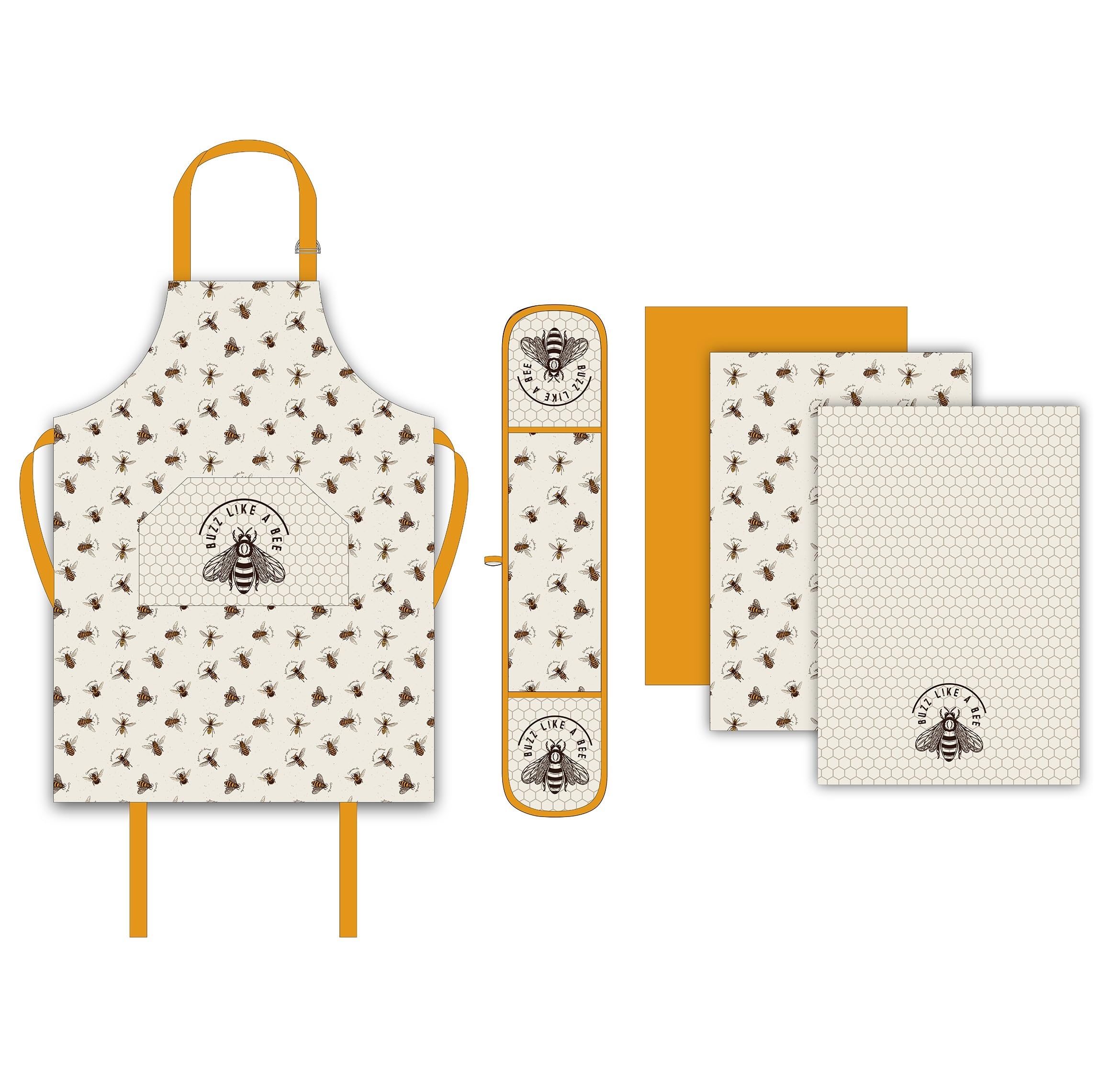 Sterling Sports Men's Bumble Bee Premium Apron, Double Oven Gloves & Tea Towels Linen 5 Pcs Set (Bumble Bee)