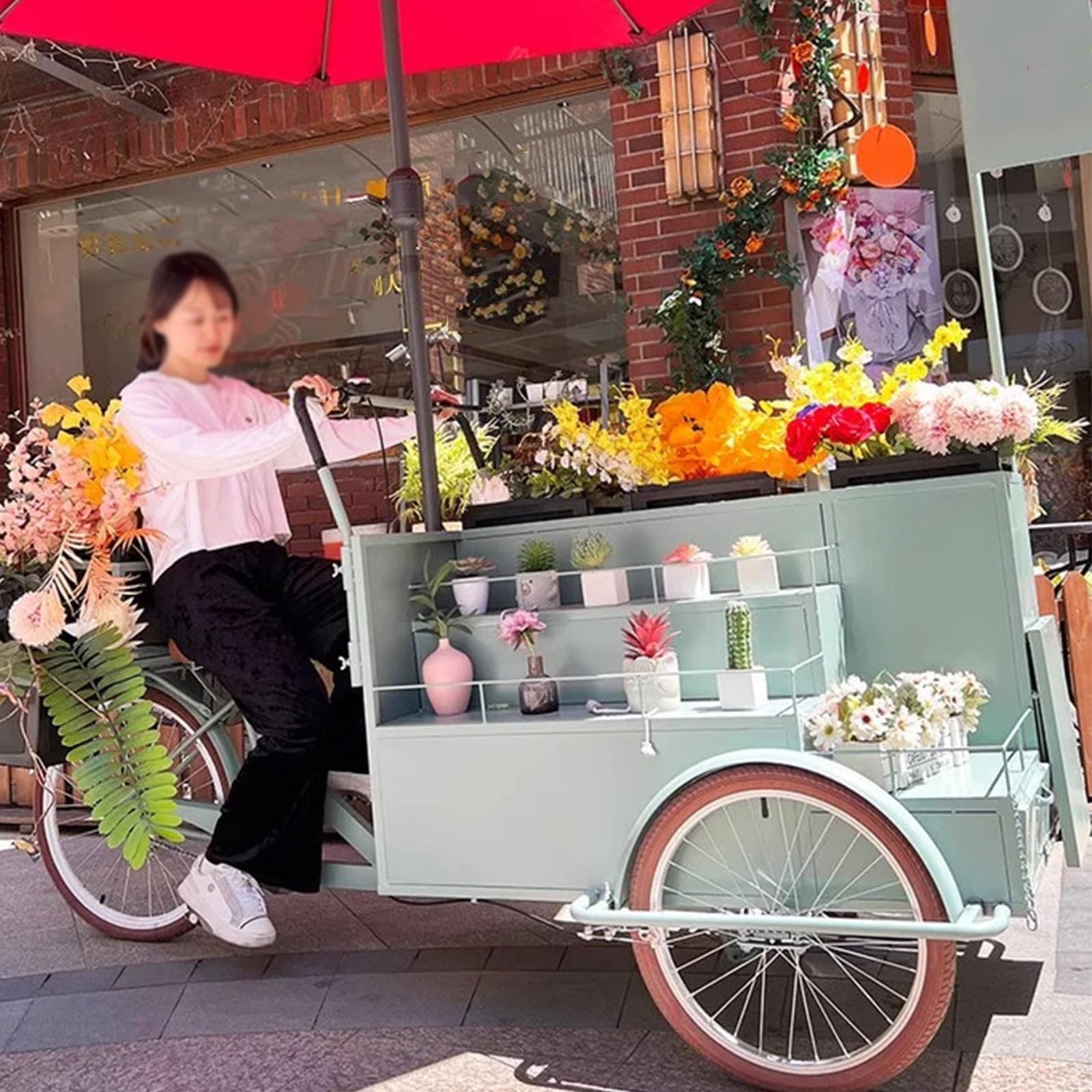 Carretto per venditori ambulanti, espositore per fiori da esterno con ombrellone, carrello mobile professionale su bicicletta, bicicletta per la vendita di fiori per mercati(White,WU)