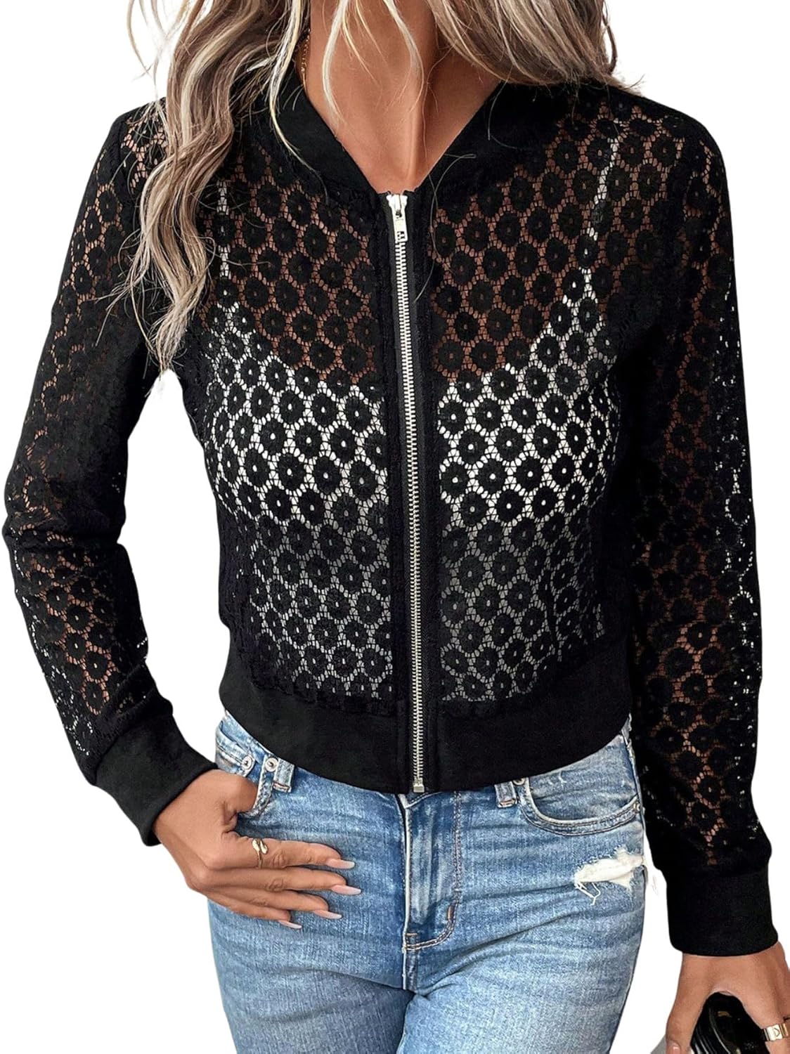 Verdusa Women's Lace Zip Up Jacket Rave Streetwear Long Sleeve Lightweight Outerwear