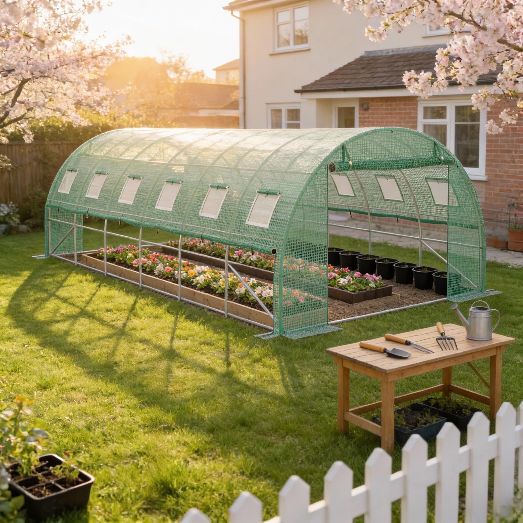 18㎡ Frostschutz HDPE Foliengewächshaus, 3x6x2m Treibhaus mit Stahlrahmen, 12x Insektenschutzgitter Fenster & 2X Rolltor mit Reißverschluss, Begehbares Gartengewächshäuser, Pflanzen Folientunnel