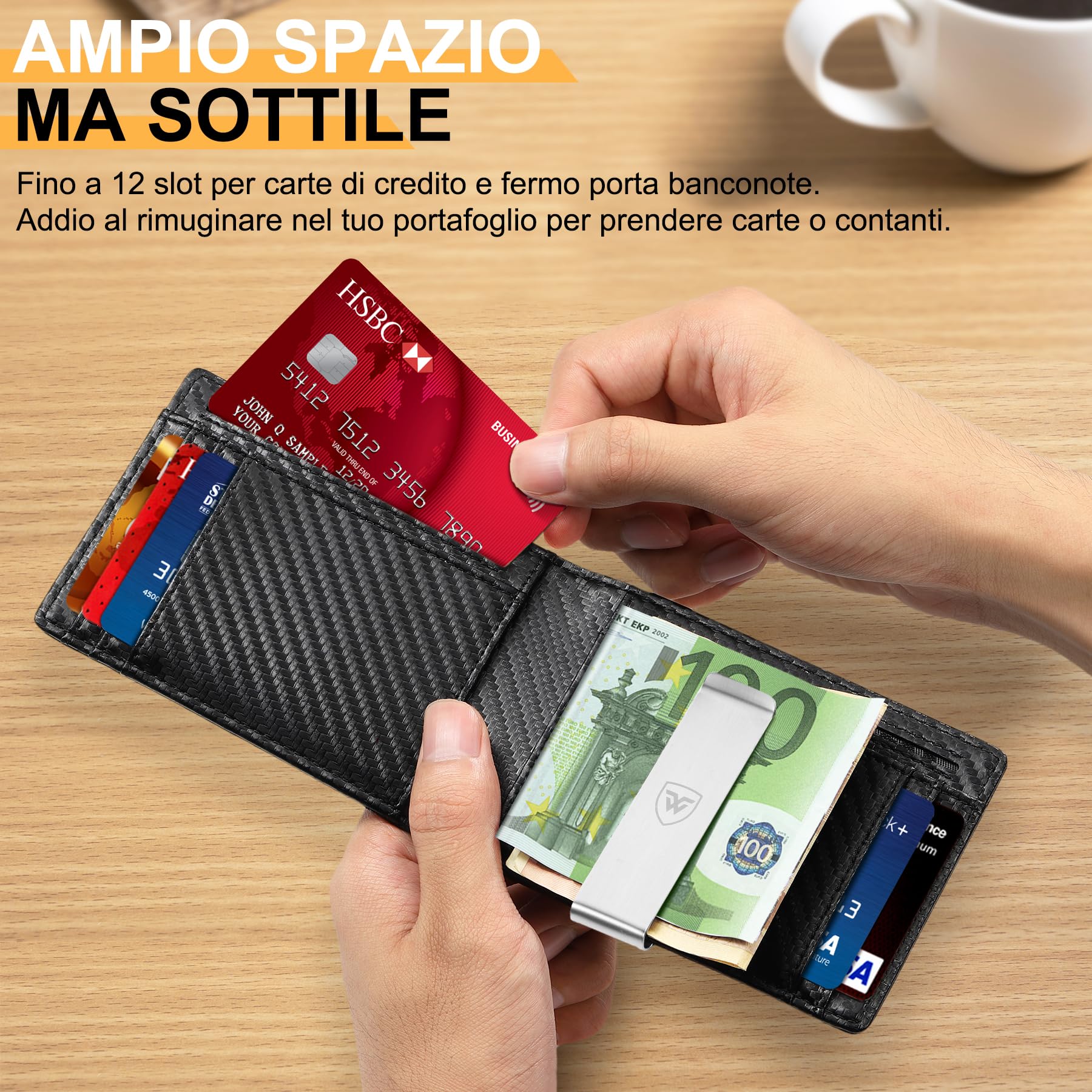 WONSEFOO Portafoglio Uomo Slim RFID Blocking in Fibra di Carbonio con 12 Slot per Carte di Credito, Bi-Fold - Nero