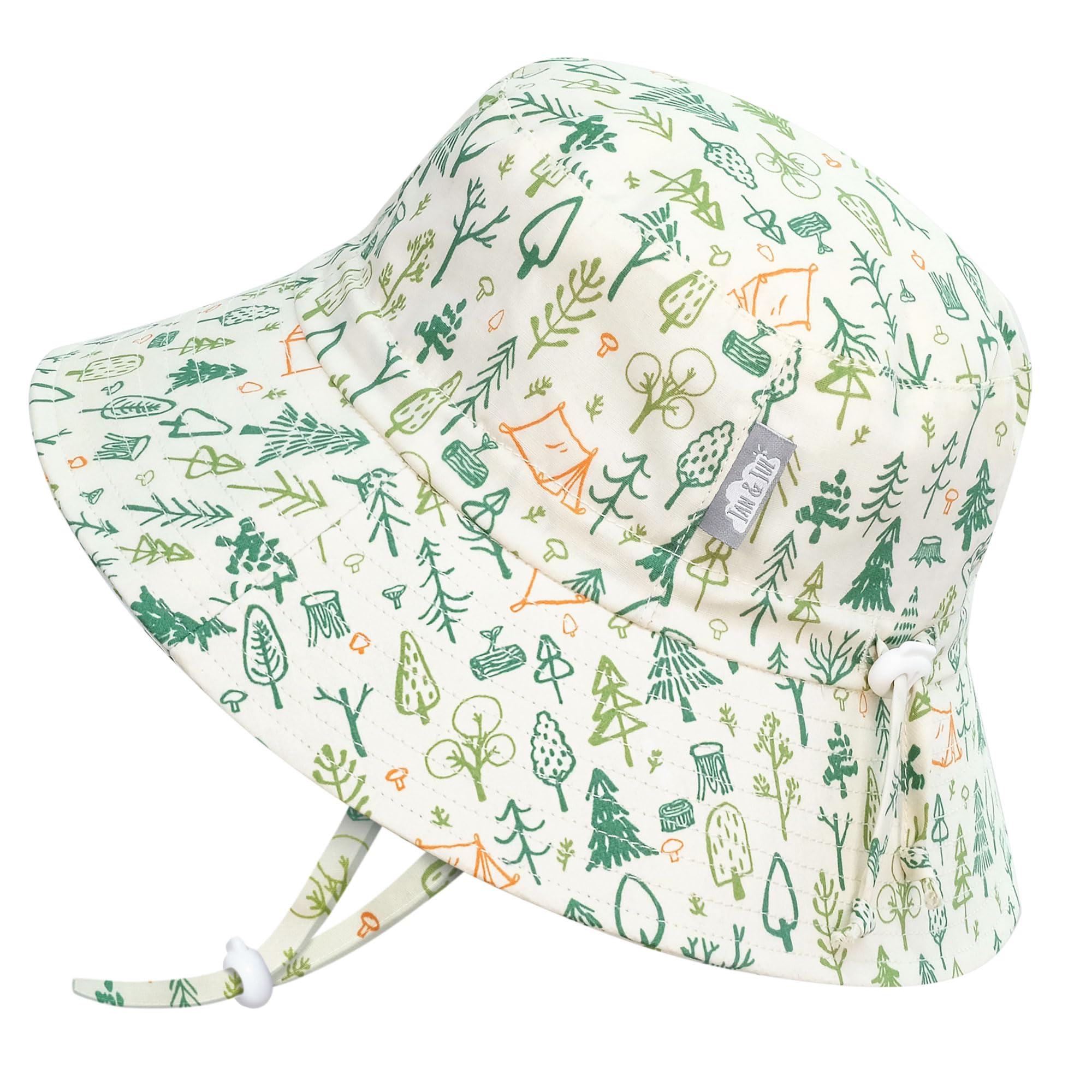 JAN & JUL Boys' Cotton Bucket Hat, Size Adjustable Sun-Hat with Chin Strap for Toddlers (L: 2-5 Years, Camp Grove)