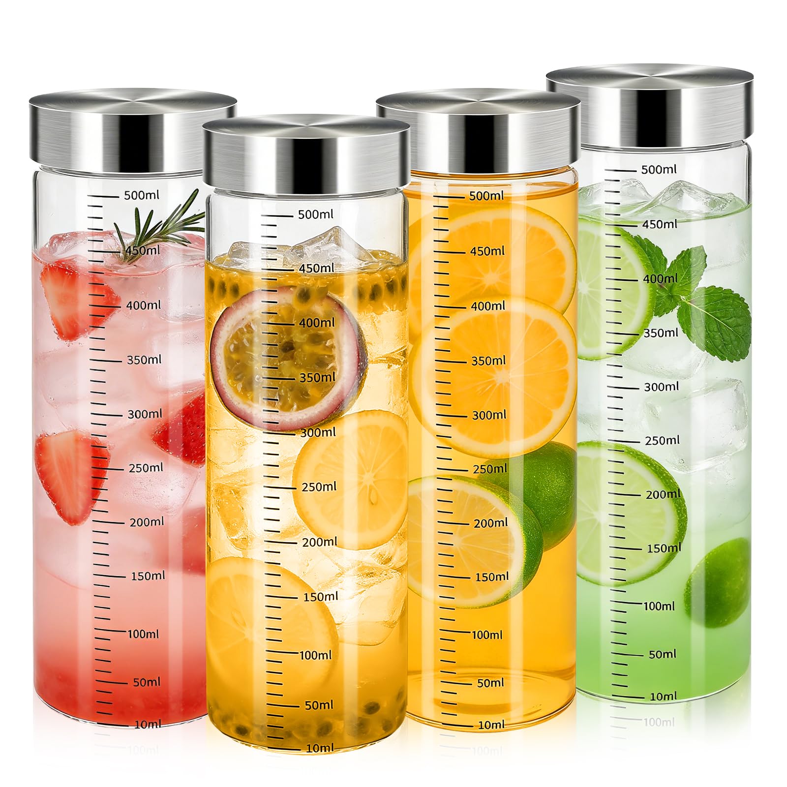 Alitree 4 Bottiglie di Vetro da 500 ml con Coperchio in Acciaio Inox, Senza BPA, Riutilizzabili ed Ermetiche Anti-Perdita per Succhi, Frullati e Caffè, con Misurazione Facile da Pulire