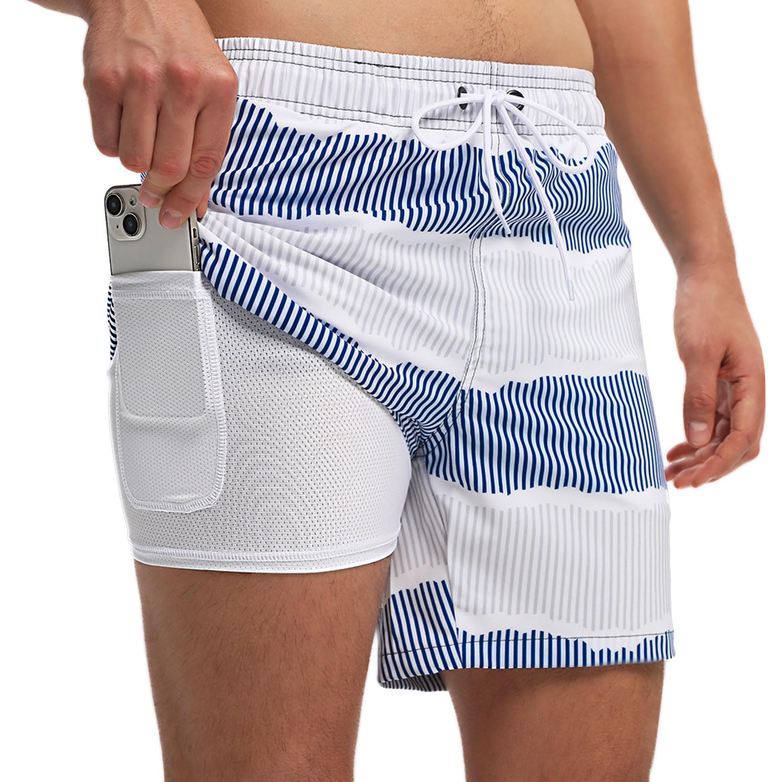 outfit spring Badehose Herren Schnelltrocknend mit Reißverschlusstasche, 2-in-1 Badeshorts für Herren mit Kompressions-Innenhose, Boardshorts Männer für Strand, Pool & Training