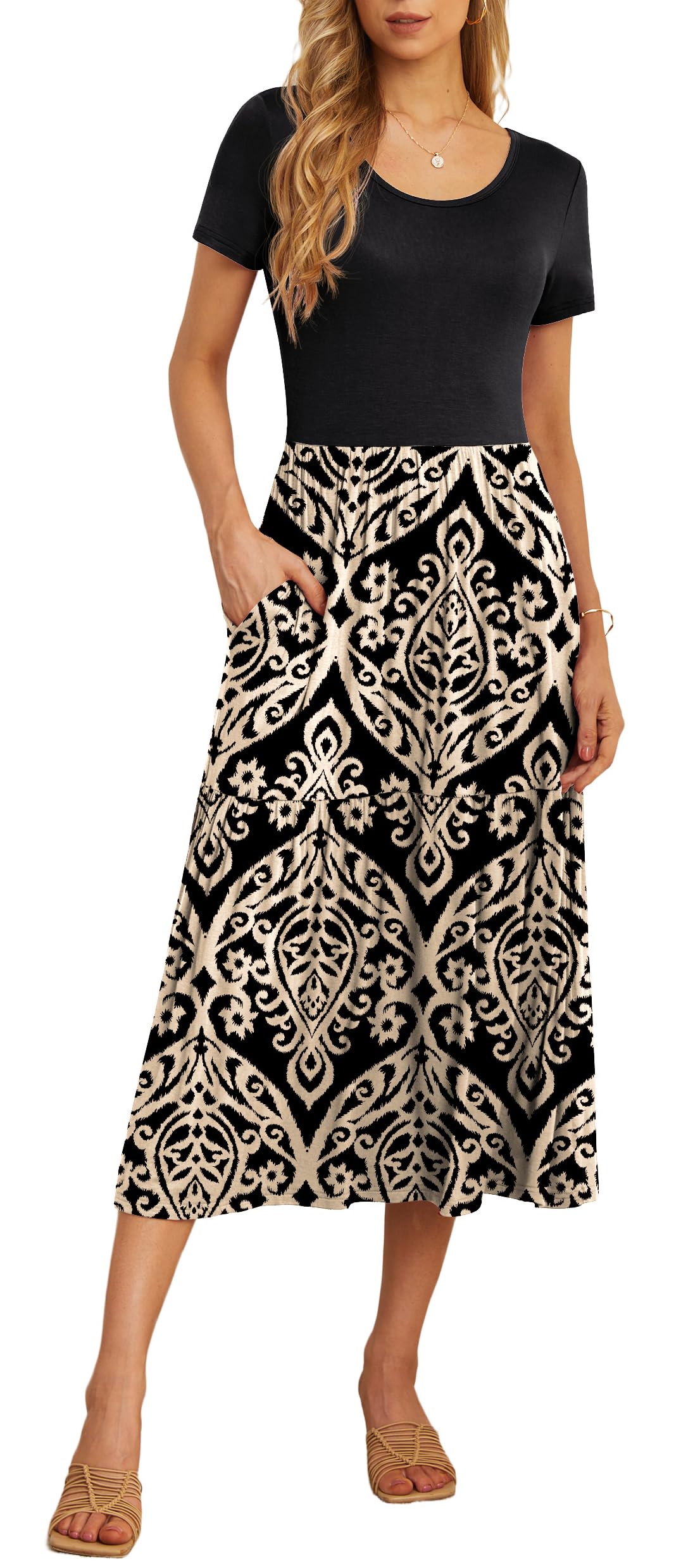 GRECERELLE Women's Summer Casual Crewneck Short Sleeve Aline Tiered Flowy Maxi Dress with Pockets