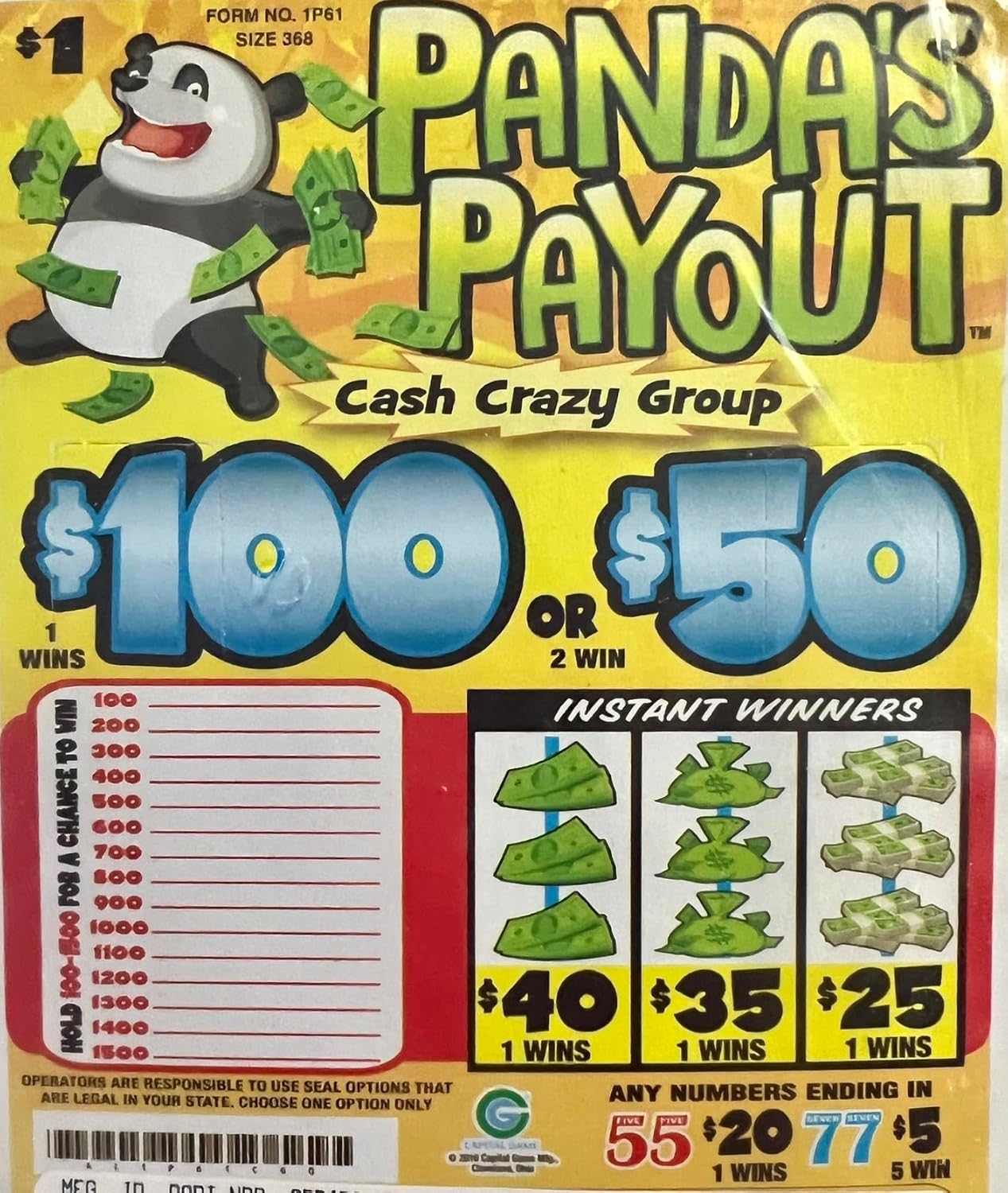 1 Cash Crazy Bag 100 Bingo Pull Tabs Game, Seal Card