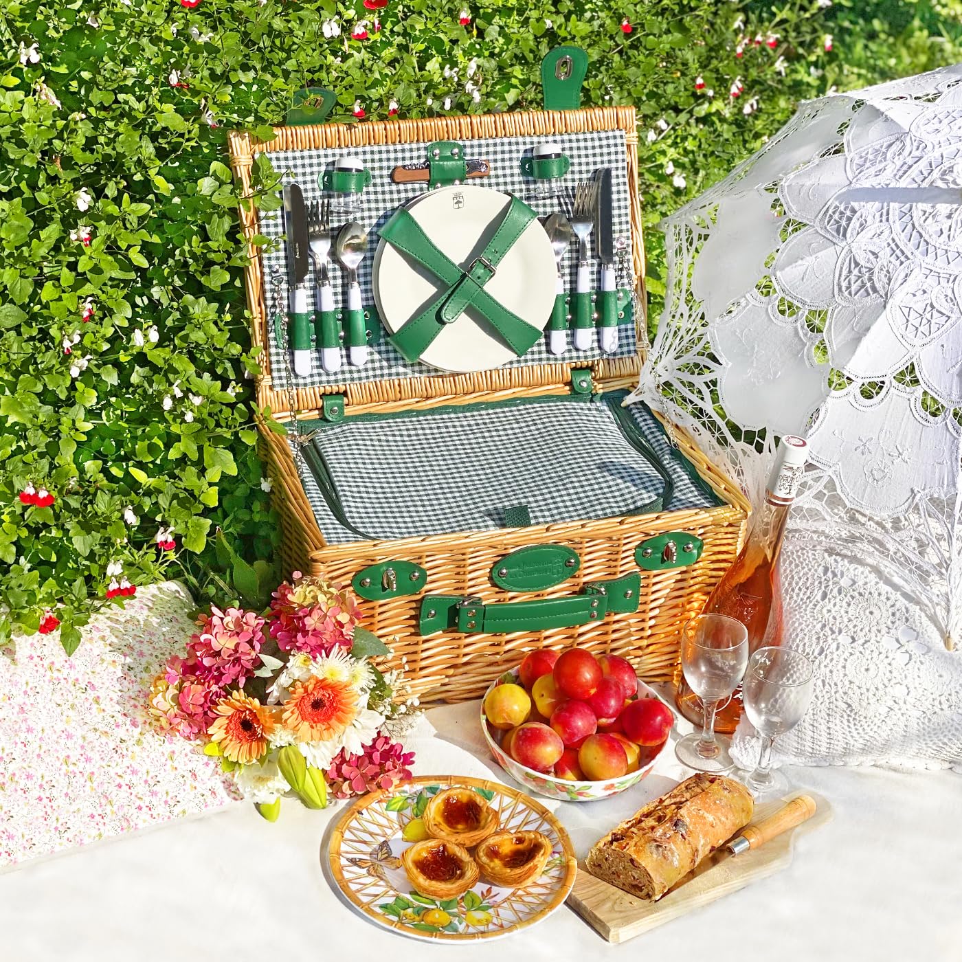 Les Jardins de la Condesa Cesta Picnique Marly, Mimbre, Verde, 4 kg, 46x31x23 cm, Servicio para 4 Personas, Compartimiento Aislado