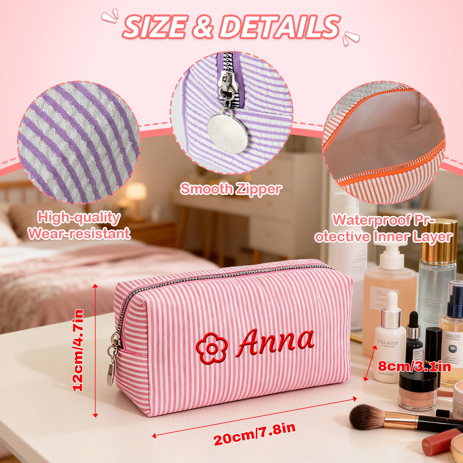 Neceser Personalizada con Nombre Bordado, Bolsa de Aseo, 8 Piezas | Para Hombres y Mujer, Portátil y Multifuncional, Neceser de Maquillaje para Diario y Viajes, 20 x 12 cm