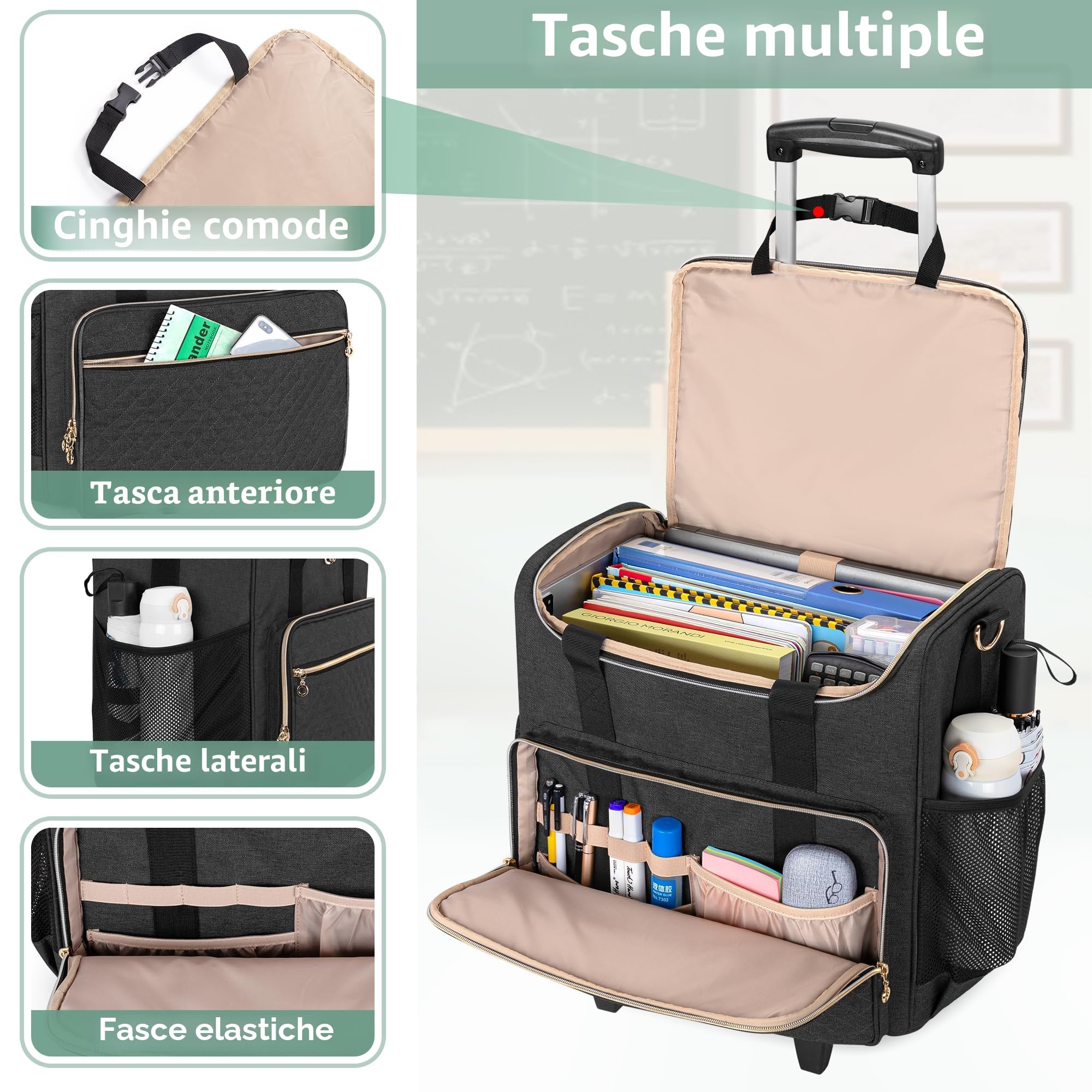 Luxja Borsa per Insegnante con Ruote, Borsa da Lavoro per Insegnanti con Trolley Staccabile (Solo Borsa), Nero