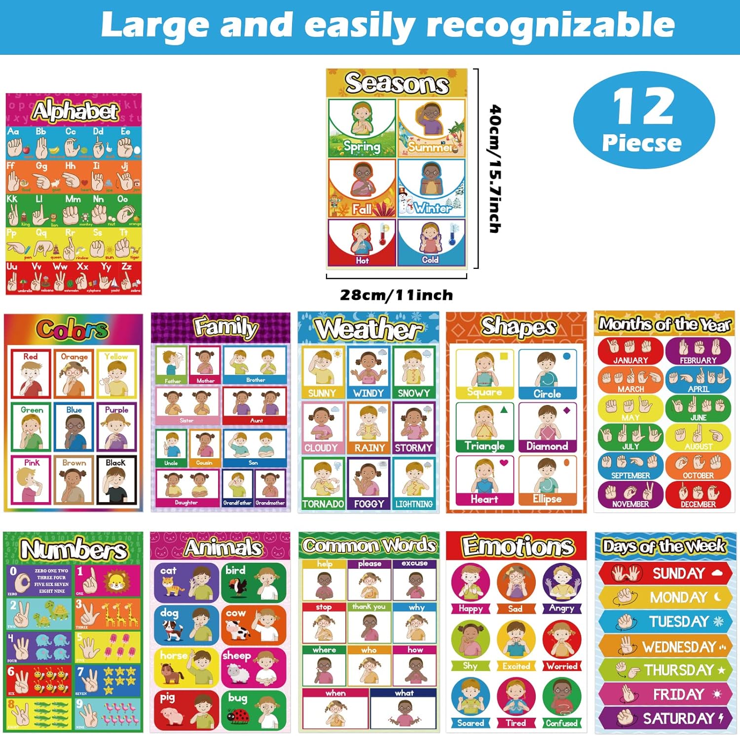 Sign Language Poster ASL Poster for Classroom 12 Pieces ASL Posters
