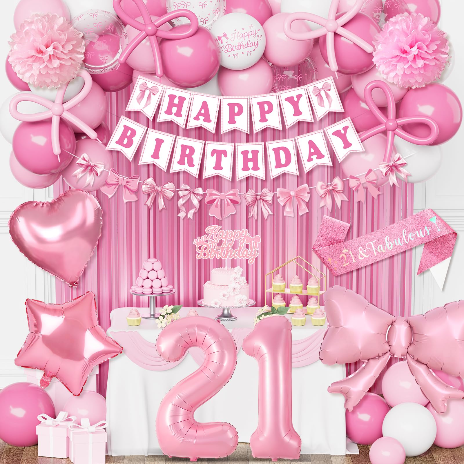 21st Birthday Decorations for Her, Pink Birthday Decoration Set Happy Birthday Banner Bunting, Bow Pink White Balloons, Number 21 Heart Foilballoons, Foil Curtain, Sash, Pink Bow Party Deco 21st