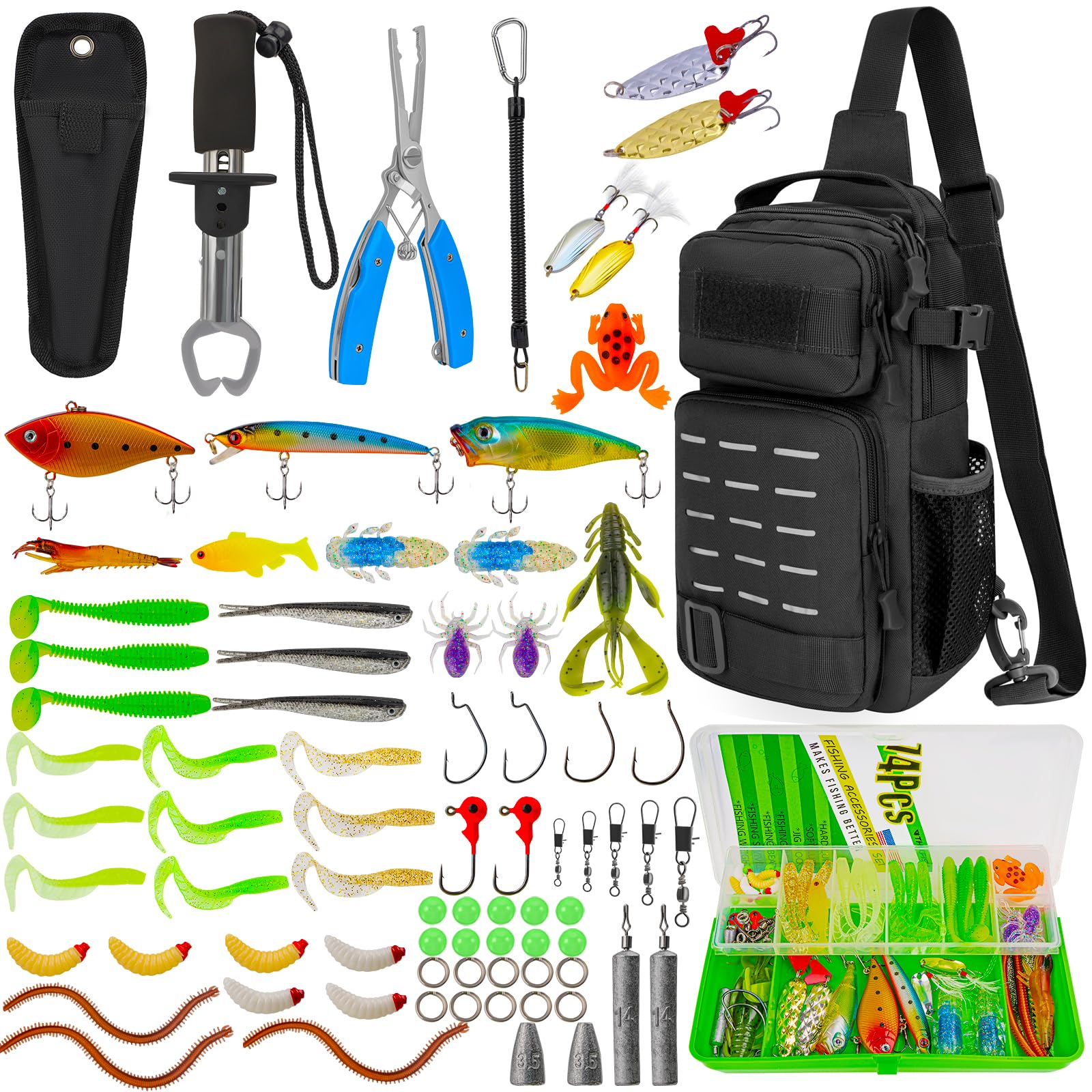 THKFISH Set di borse da pesca da 79 pezzi, zaino da pesca impermeabile con scatole, borsa da pesca, pinze da pesca, esche, rimozione ami e grip per labbra