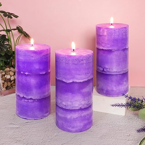 Juego de 3 velas de pilar perfumadas de lavanda, 3 velas altas de 3 x 6 pulgadas, color morado rústico, velas de combustión limpia y sin goteo, para