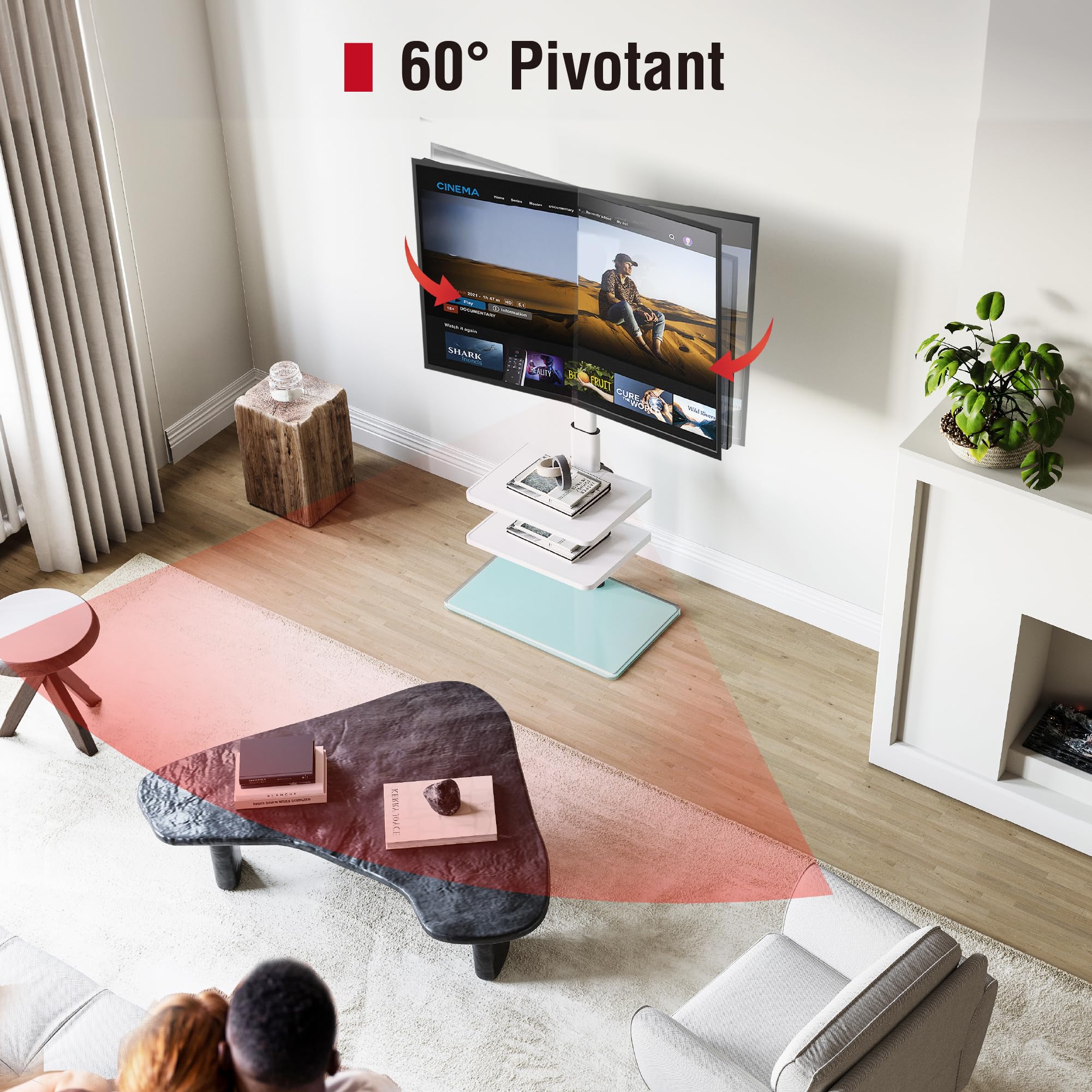 AOKCOS Support TV pour téléviseur Plat et incurvé de 32 à 70" - Hauteur réglable - Orientable - 3 étagères - VESA 400 x 400 mm