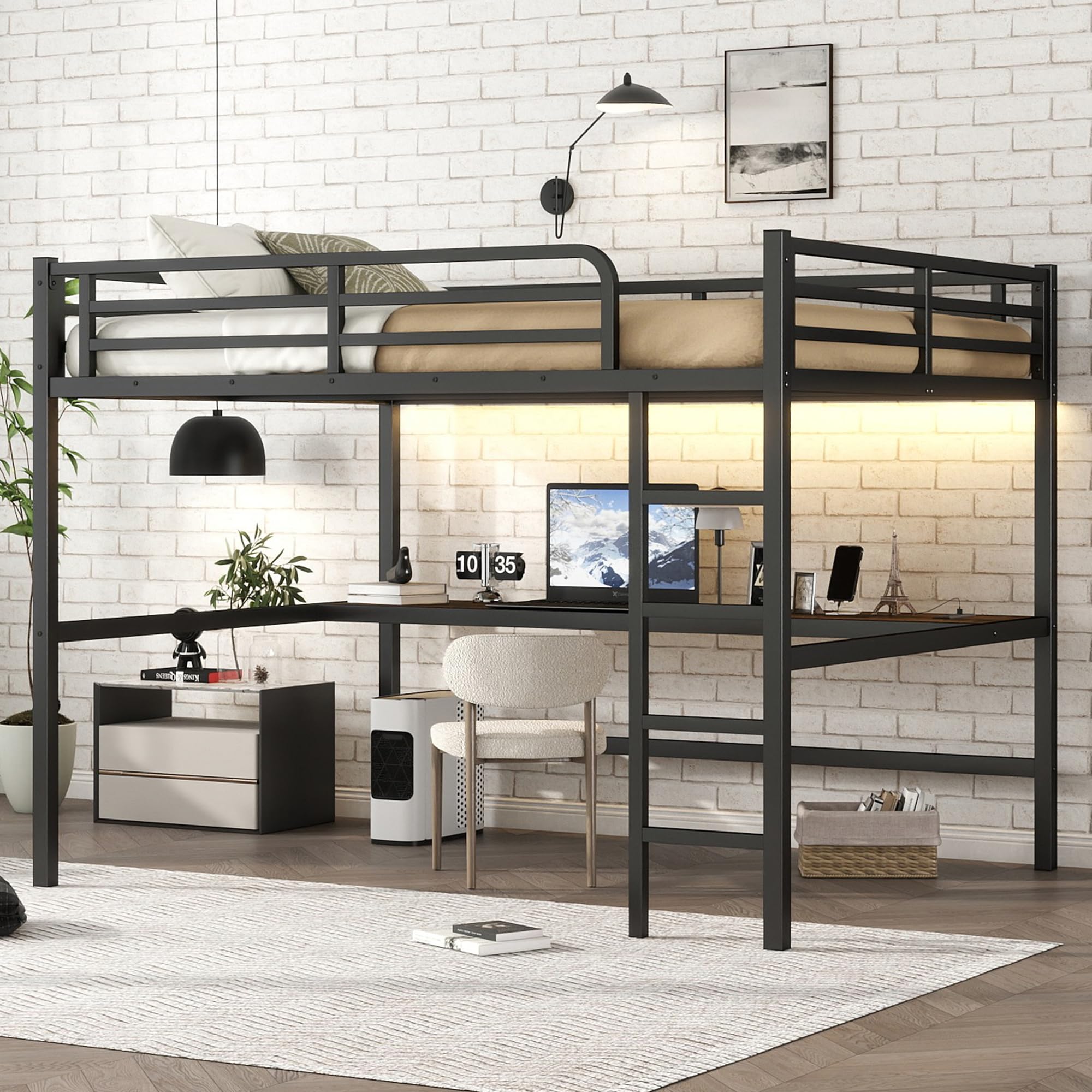 SOFTSEA Queen Size Loft Bed with Desk, LED Lights & USB Charging Station, Metal Loft Bed Desk with Large Under-Bed Space for Adults Kids Teens,