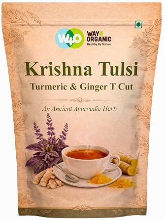 Holy Basil Tea, 8 Oz with Ginger and Turmeric, Tulsi Krishna Cut & Sifted Herbal Tea, Dried Pure Holy Basil Tulsi Leaves, Immune support with Multiple Herbs Benefits Pack of 1
