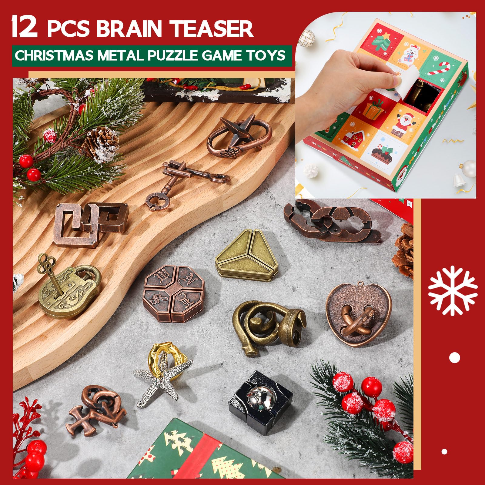 Hollowfly 12 Pcs Christmas Advent Calendar Brain Teaser Puzzles 2024 for Boys Girls Teens Adults 3D Metal Puzzle IQ Educational Box Toy Gift for Xmas Countdown Calendar