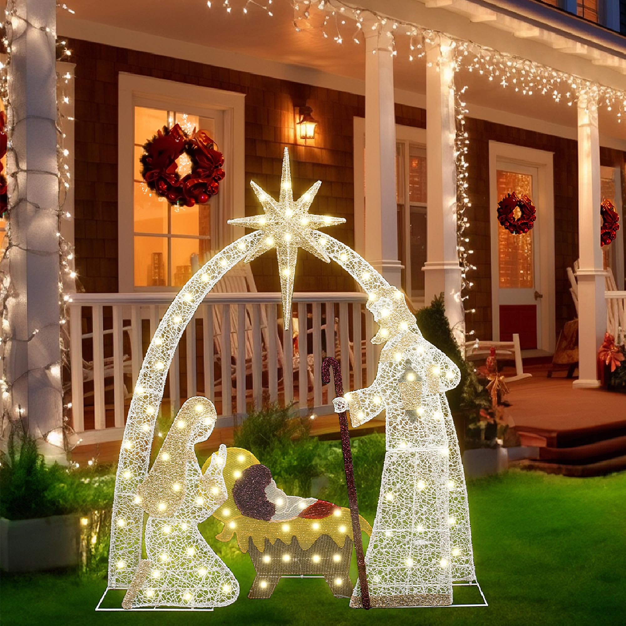 DKLGG Lighted Outdoor Nativity Scene for Christmas Decor, 3.8ft Outdoor Nativity Display Set Yard Decoration W/280 Warm Lights, Holy Family Jesus Christmas Decoration for Holiday Décor Outside Garden