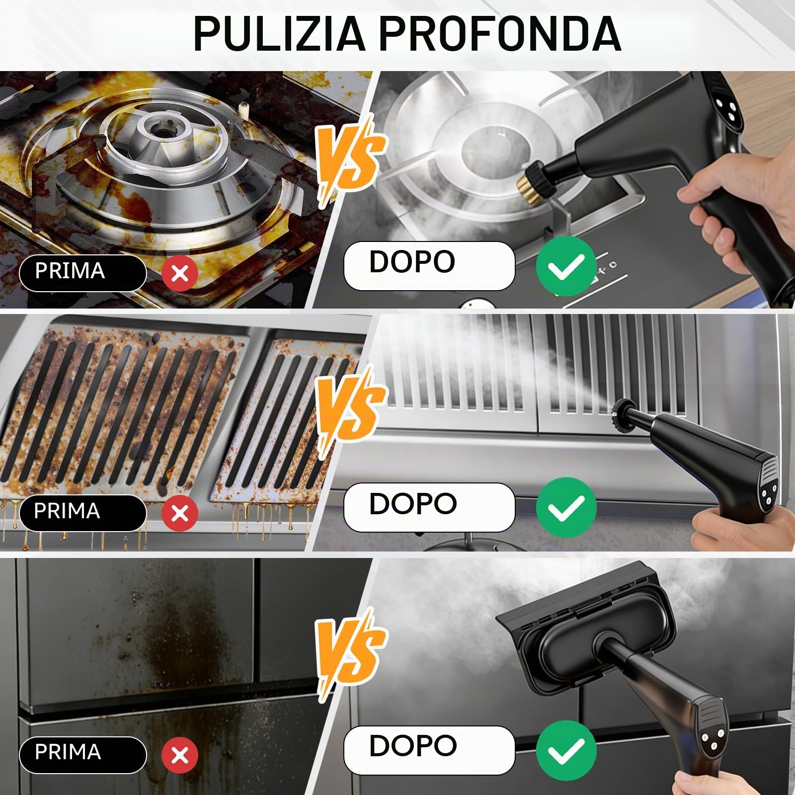 Pulitore a Vapore Portatile, 2500W Pulitore Vapore Casa, Maniglia Regolabile in 6 Livelli, Serbatoio Dell'acqua da 1700ml, Macchina per Pulizia a Vapore per Cucina, Piastrelle, Mobili