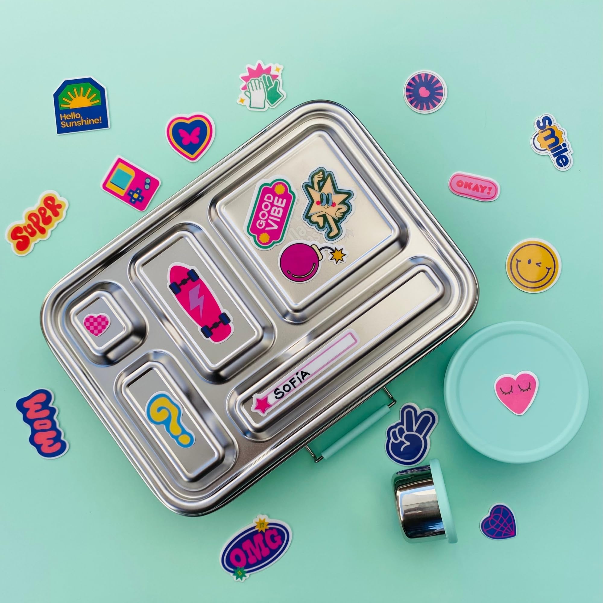 Pack Completo Fiambrera Infantil de Acero Inoxidable Antifugas con 5 Compartimentos + 2 Botes herméticos para poner yogur/hummus + Pegatinas Reutilizables. SIN BPA. CERO PLASTICOS