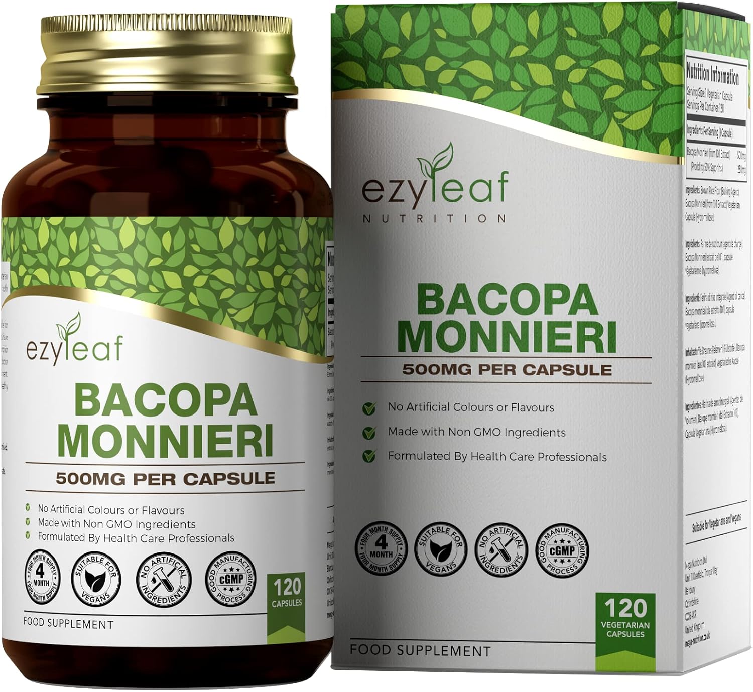 Ezyleaf Bacopa Monnieri 500mg High Strength Bacopa 120 Capsules | Bacopa-Extract Ayurvedic Brahmi Powder Capsules | Vegan, Non-GMO Allergen & Gluten Free | Made in UK