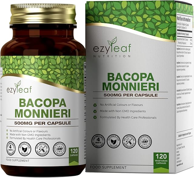 Ezyleaf Bacopa Monnieri 500mg High Strength Bacopa Supplement 50% Bacosides | 120 Bacopa Capsules | Bacopa Extract Ayurvedic Brahmi Powder Capsules | Vegan, Non-GMO Allergen & Gluten Free | Made In UK