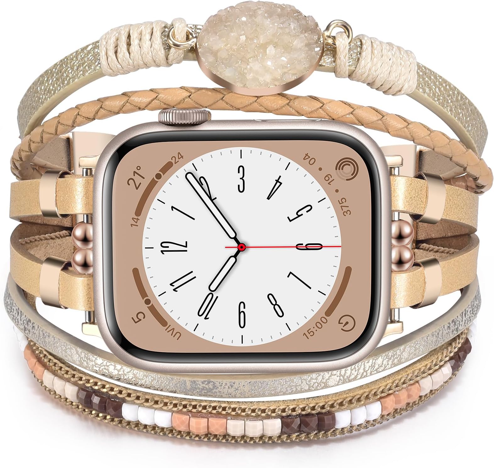 KOREDA Boho Leather Bracelet Compatible for Apple Watch Band 38mm 40mm 41mm 42mm 44mm 45mm Series 9 8 7 SE Women, Handmade Multilayer Wrap Jewelry Apple Watch Strap for iWatch Series 6/5/4/3/2/1