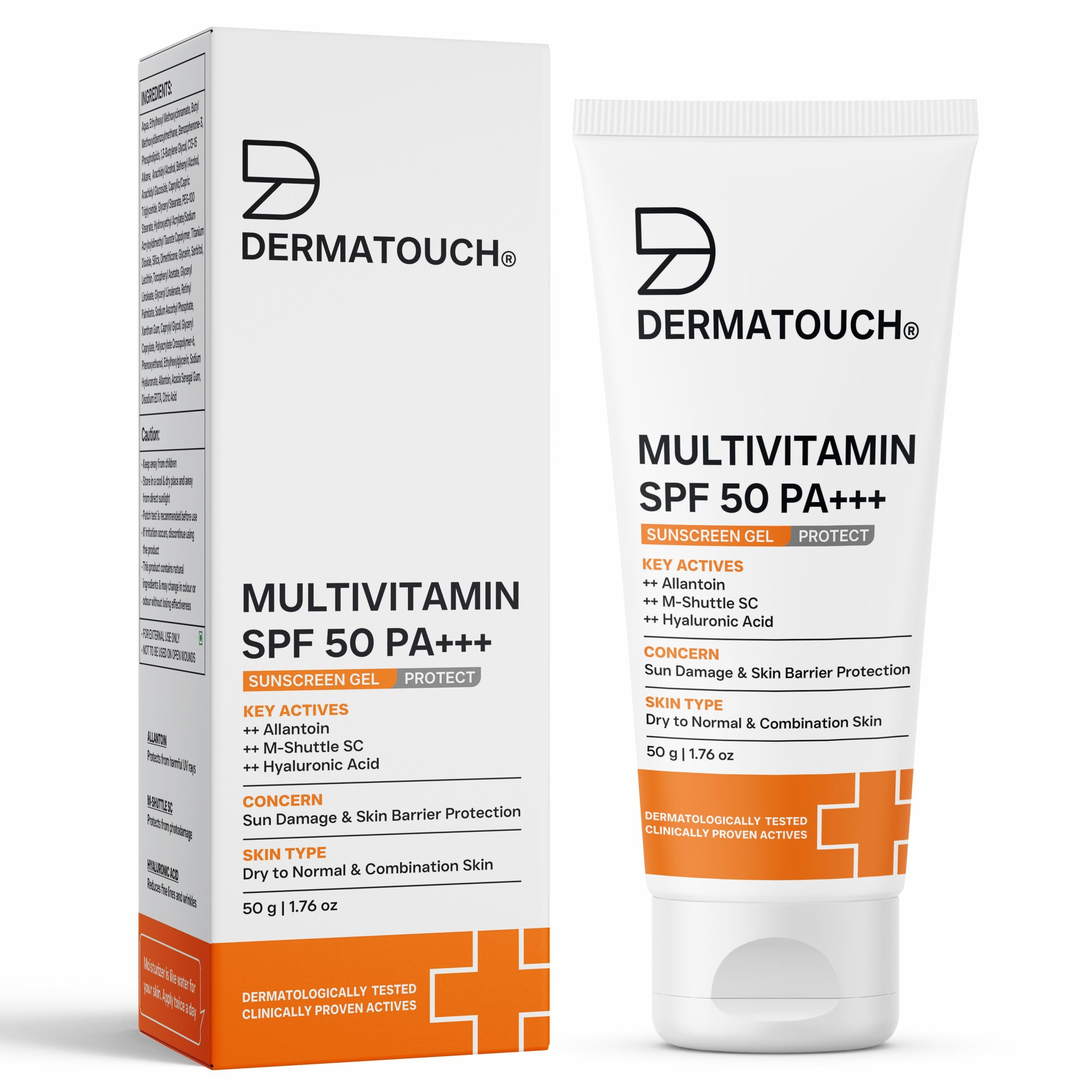DERMATOUCH Multivitamin SPF 50 PA+++ Sunscreen Gel | UVA-UVB Protection |Zero White Cast | Unisex | 50 g (Pack of 1)