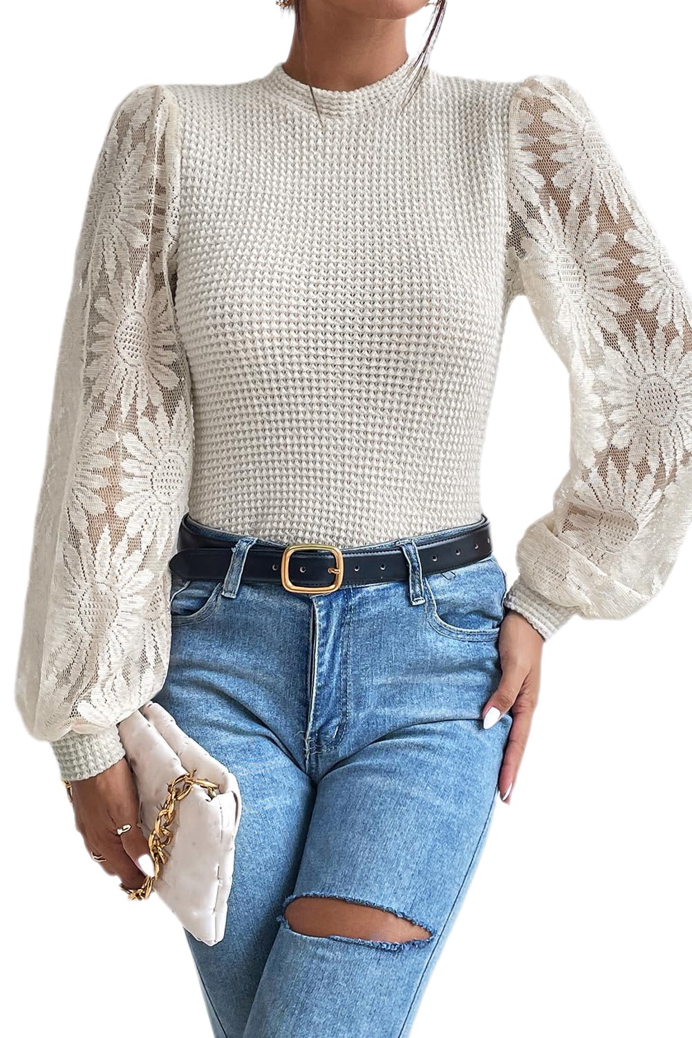 Womens Lace Long Sleeve Work Shirt Pullover Waffle Knit Crewneck Floral Mesh Dressy Tops Business Casual Blouses