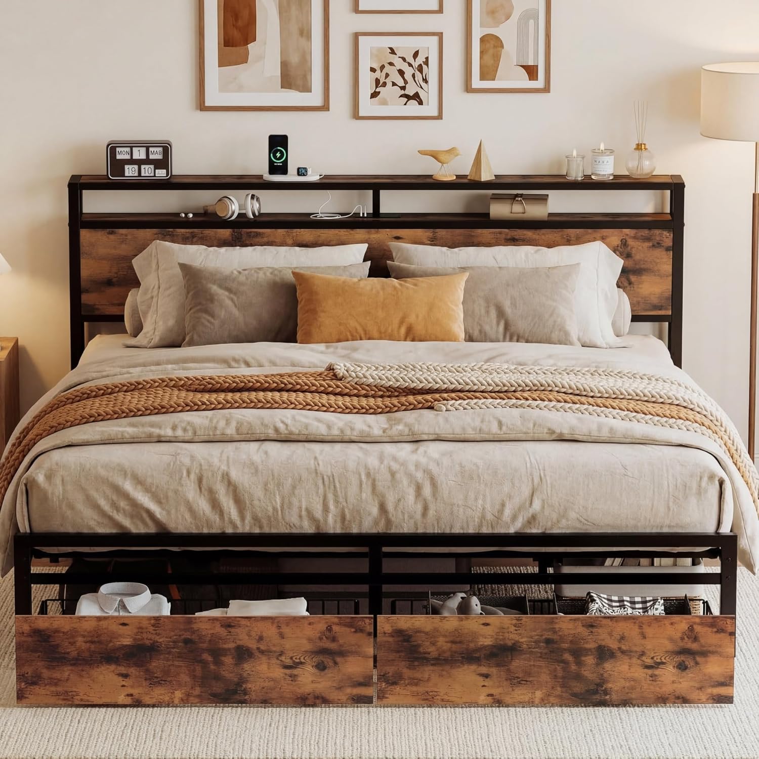 LIKIMIO King Size Bed Frame with Storage Headboard, Platform King Bed with 2 Drawers and Charging Station, Heavy-Duty Metal Slats, No Box Spring Needed, Easy Assembly, Retro Brown