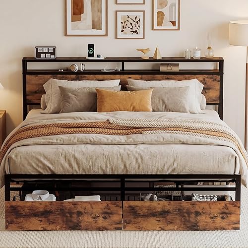 LIKIMIO King Size Bed Frame with Storage Headboard, Platform King Bed with 2 Drawers and Charging Station, Heavy-Duty Metal Slats, No Box Spring Needed, Easy Assembly, Retro Brown