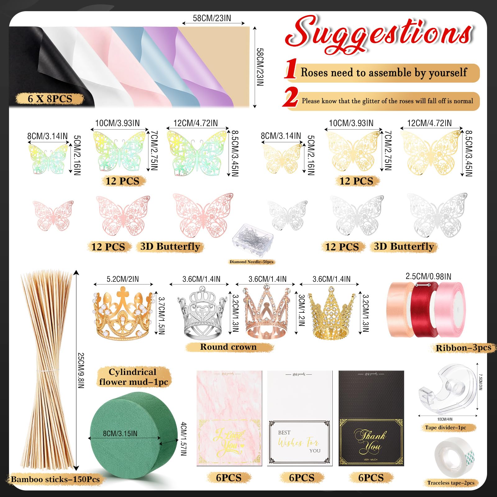 Fullhawl Kit de 48 feuilles de papier cadeau en forme de fleur, 48 papillons, 4 couronnes, 18 cartes, 150 brochettes en bambou pour anniversaire, anniversaire de mariage, remise de diplôme, mariage