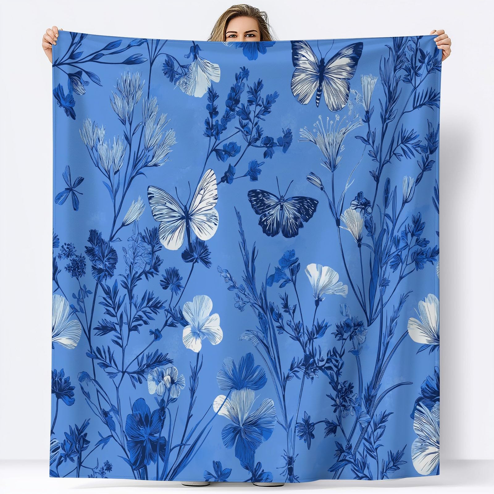 Genérico Polarowy koc flanelowy dla dzieci i dorosłych 200 x 200 cm, koce na sofę z nadrukiem rysunek zwierzę motyl kwiat - niebieski miękki ciepły ciepły oddychający lekki koc