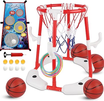 yofit 3-in-1 Pool Basketball Hoop Set, Floating Pool Toys with 14 Balls 12 Rings Toss Games Pump, Outdoor Summer Basketball Game at Swimming Poolside for Kids Ages 4-12 Adults Family Fun