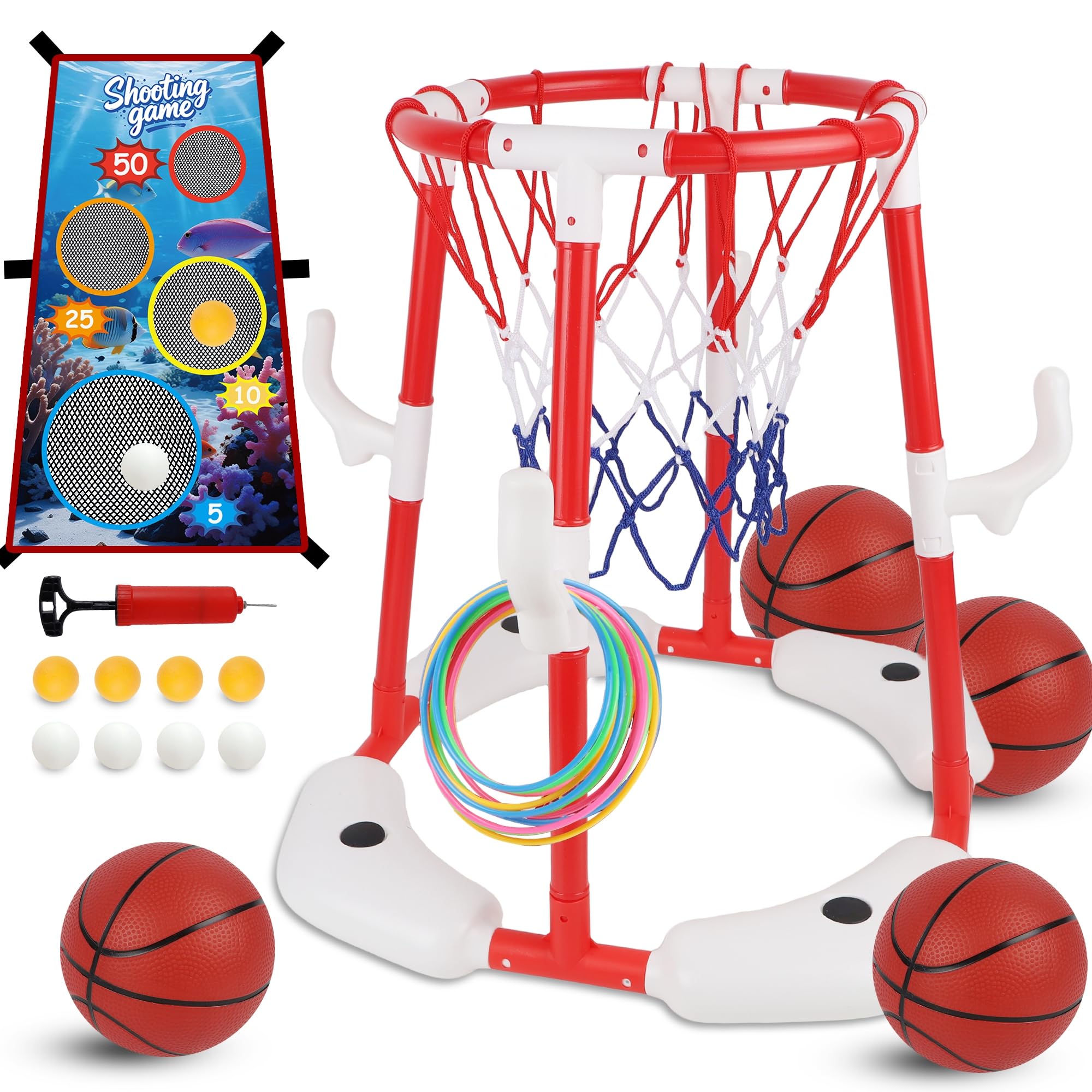 yofit 3-in-1 Pool Basketball Hoop Set, Floating Pool Toys with 14 Balls 12 Rings Toss Games Pump, Outdoor Summer Basketball Game at Swimming Poolside for Kids Ages 4-12 Adults Family Fun