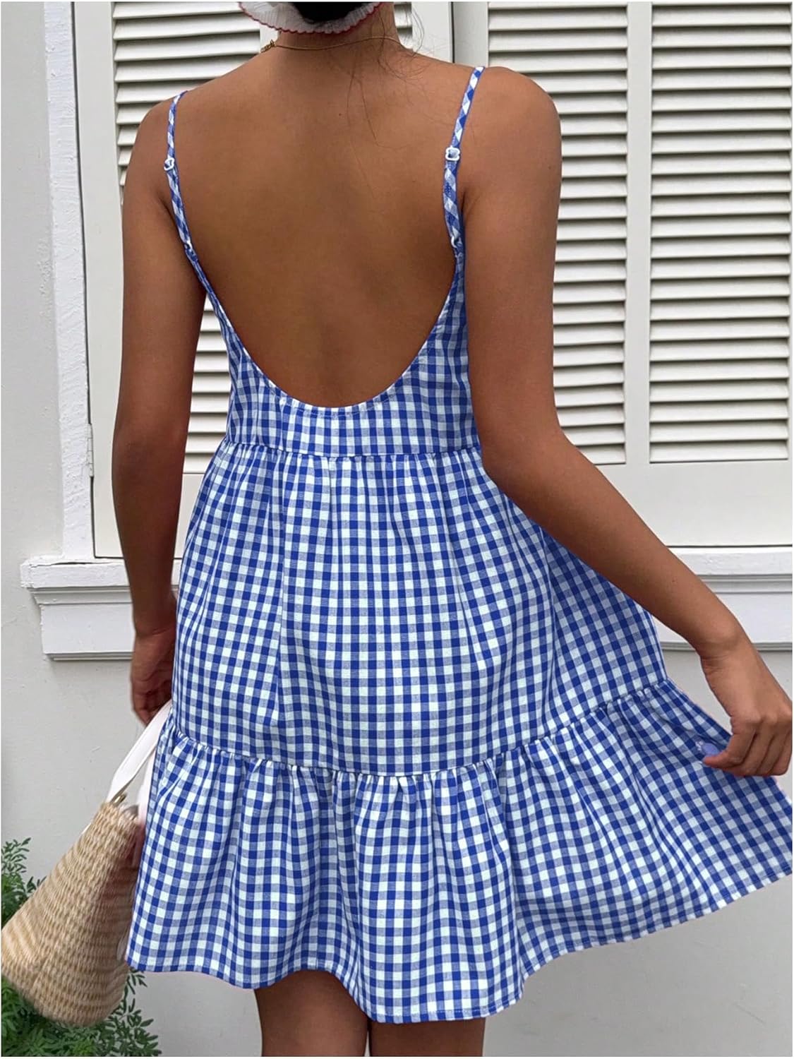 SweatyRocks Women's Summer Gingham Dresses Backless Spaghetti Strap Loose Ruffle Mini Vacation Dress - Image 3