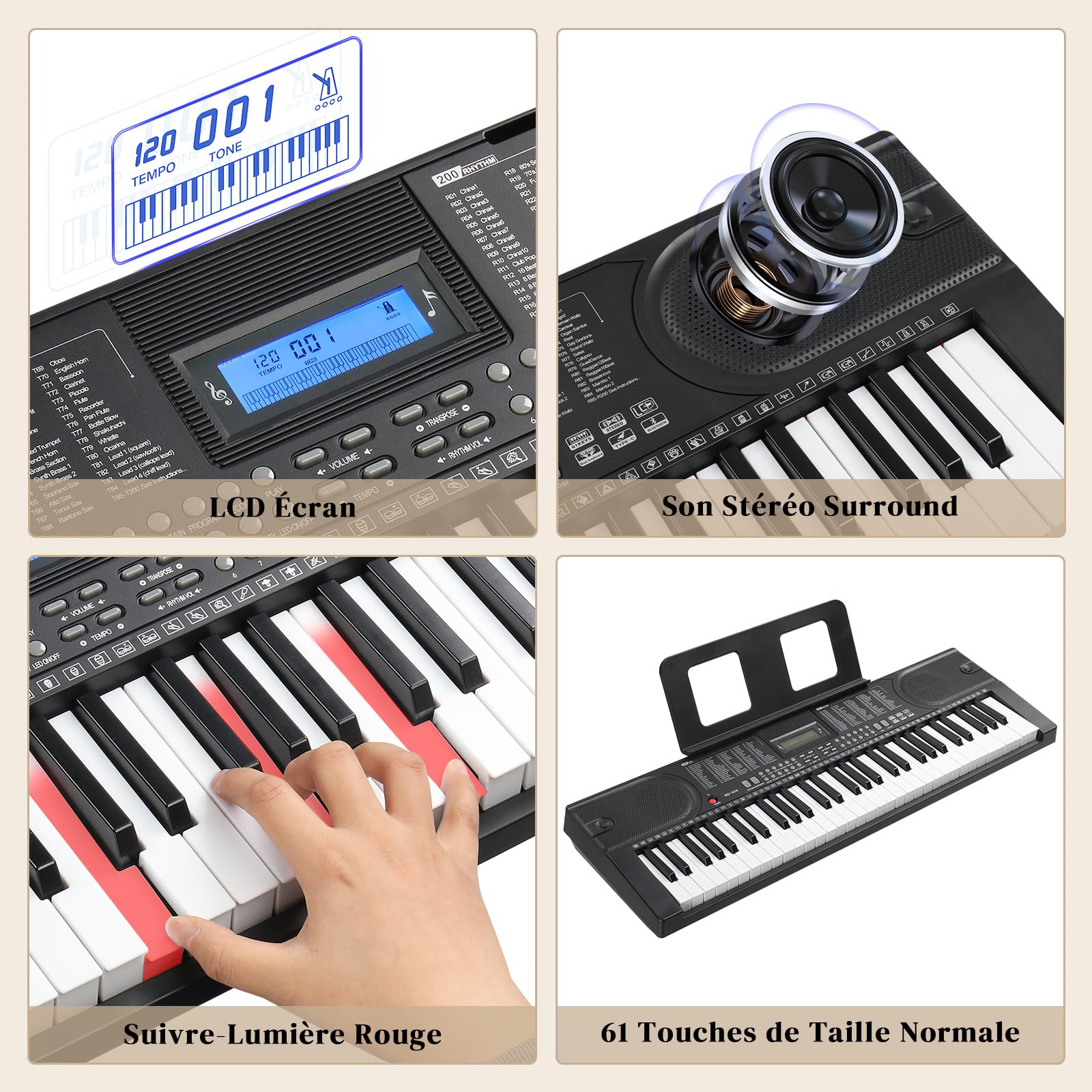 LEADZM Clavier Piano 61 Touches, Piano Numérique avec Touches Éclairées, LCD Écran, MIDI, Support X de Clavier Électrique, Banc de Piano, Pupitre, Casque, Microphone (Noir1)