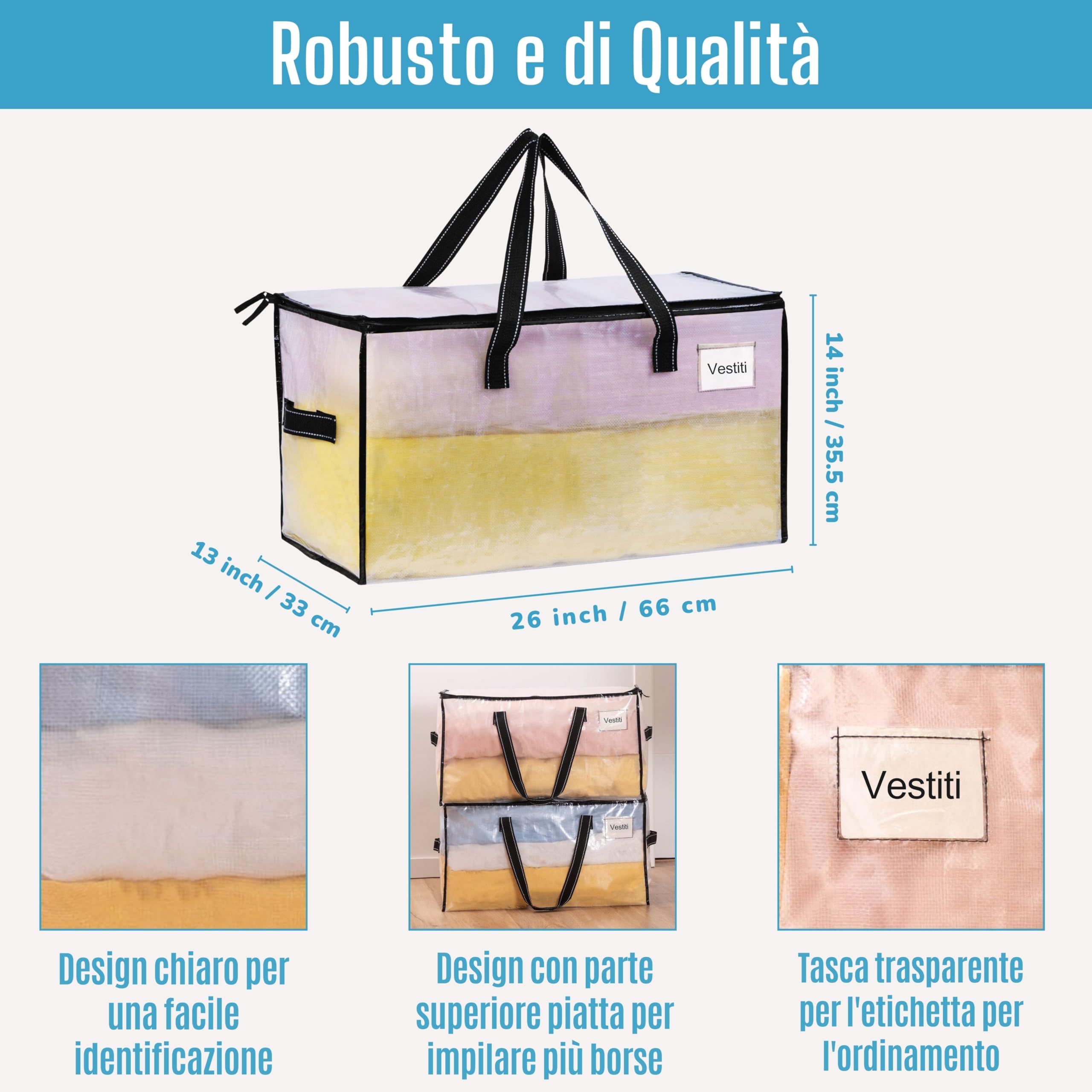 4 Borse Grandi Per Coperte E Traslochi – 120 Litri, Trasparenti, Con Maniglie, Antiumidità, 73x35x37 Cm