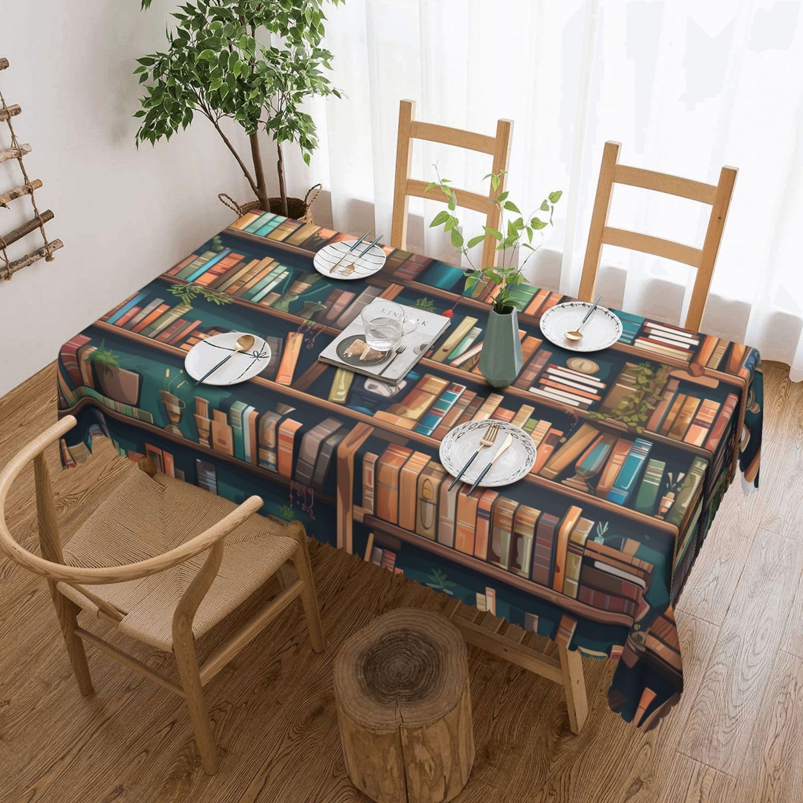 VducK Cartoon Bookshelf Bookworm Print Table Cloth Water Resistant Wipe Clean Table Cover Rectangle Tablecloth for Dining Table for Kitchen Dinner Picnic Outdoor Party 137 x 183 cm