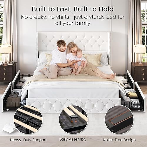 Miniatura 95 de LARMACE - Marco de cama tamaño King con 4 cajones de almacenamiento y cabecera tapizada con botones, cama de plataforma tapizada en lino con