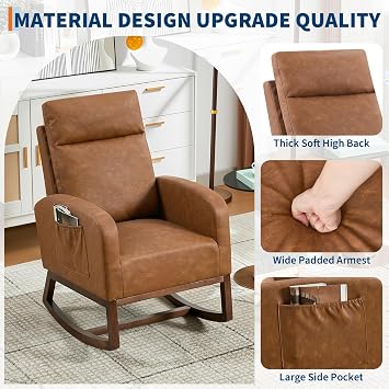 Relax Rocking Chair, Upholstered Accent Glider Armchair with Headrest, Side Pocket & Wood Legs, Chenille Fabric Modern High Back Leisure Lounge Rocker for Nursery Living Room Bedroom - Brown