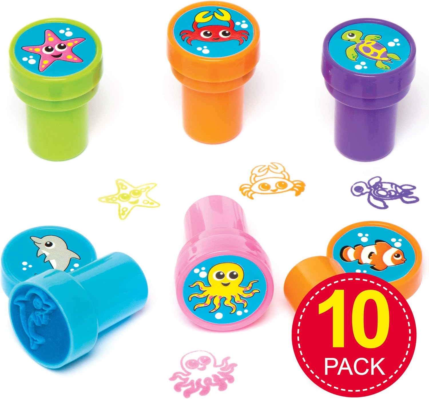 Baker Ross-AV221 Sealife Self-Inking Stampers for Children to Decorate and Personalise Cards Arts and Crafts - Summer Party Bag Filler for Kids (Pack of 10), 20mm, Assorted
