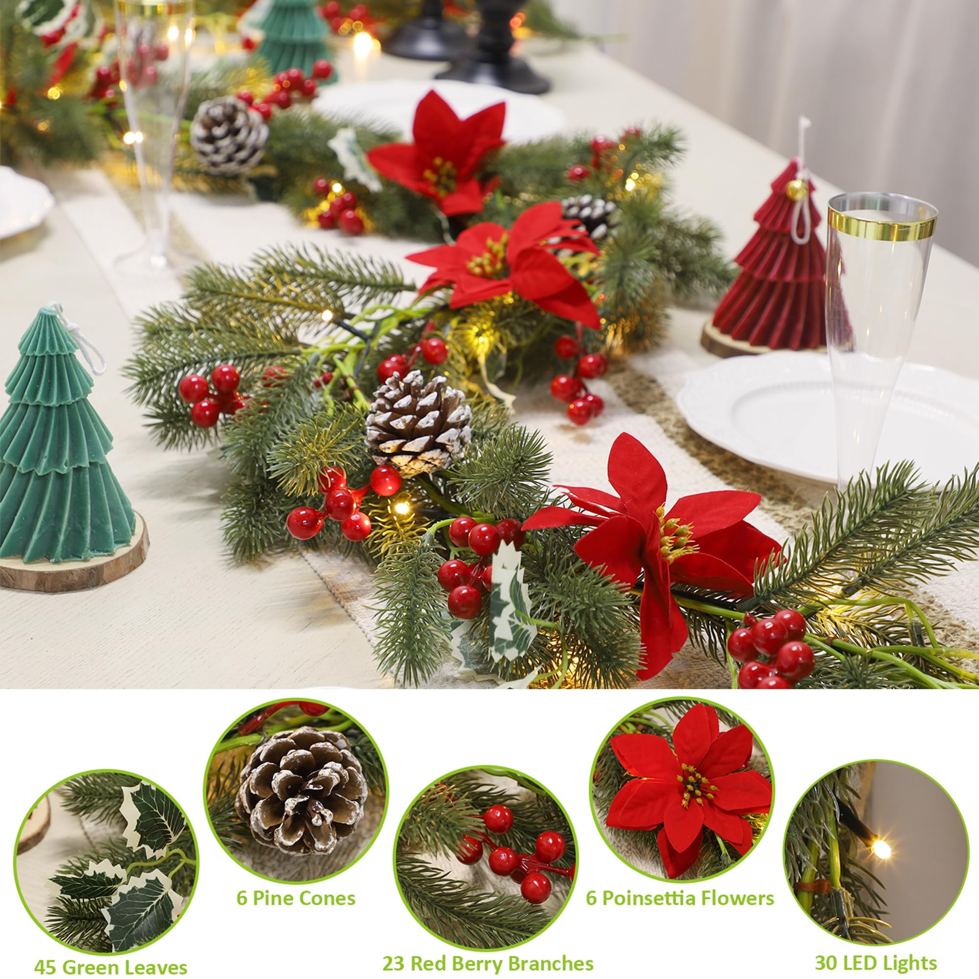 ATDAWN Guirlande de Noël de 2,7 m avec lumières, guirlande de Noël à piles, guirlande pré-éclairée avec baies rouges, pomme de pin et poinsettia pour intérieur, maison, vacances, hiver, Nouvel An