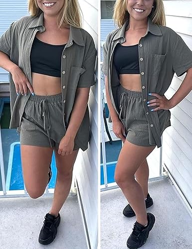 Miniatura 4 de QIBABU Conjunto de pantalones cortos de lino para mujer, 2 piezas, camiseta de manga corta y pantalones cortos, conjunto de sudadera para vacaciones