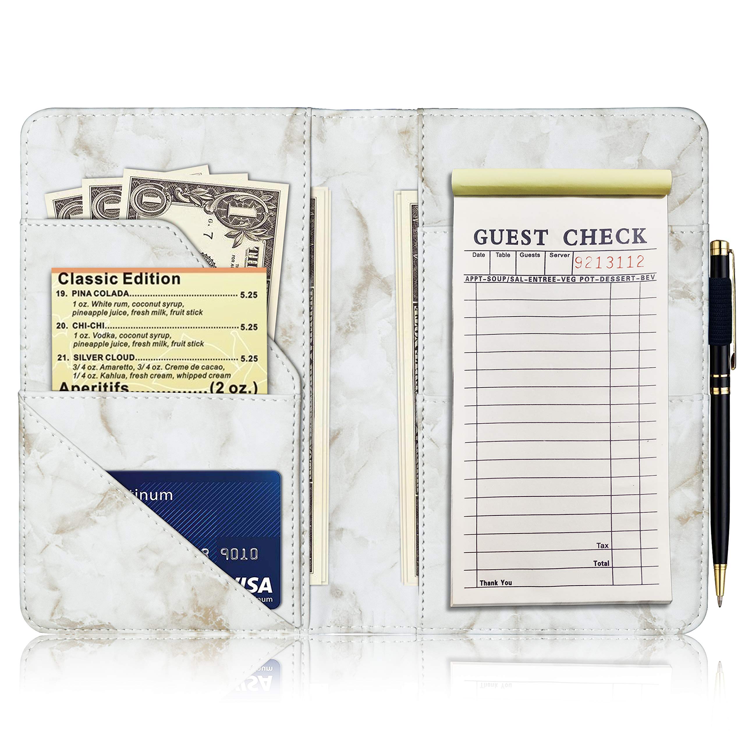 YOMFUN Server Books for Waiter Waitress Marble Server Book with Pen Holder (Marble Grey)