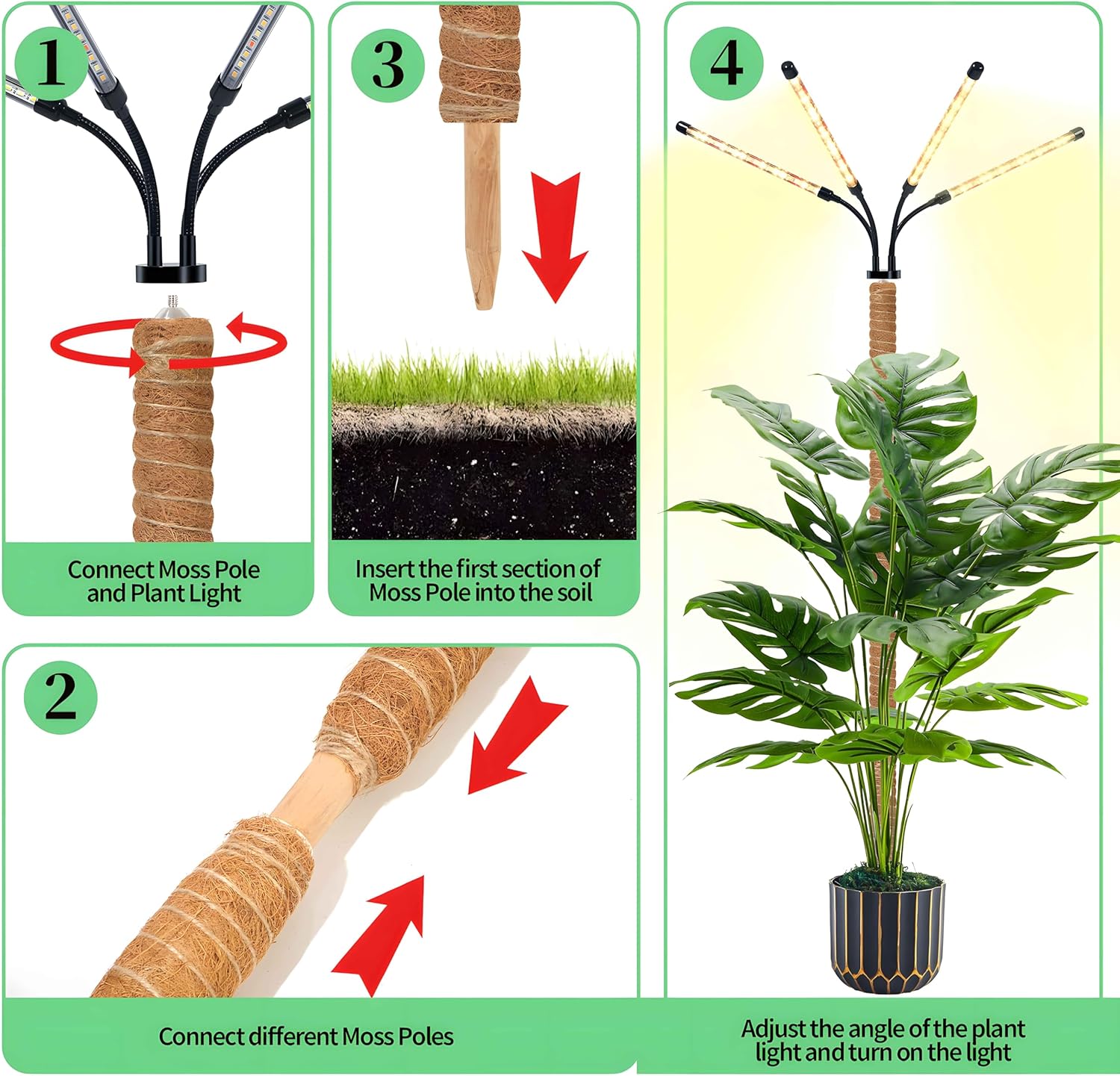 Grow Lights with Moss Pole for Indoor Plants, Full Spectrum LED Plant Light with Auto 3/9/12H Timer, Adjustable Height 15-54", Plant Lights Coco Coir Pole for Monstera, Philodendron, Climbing Plants
