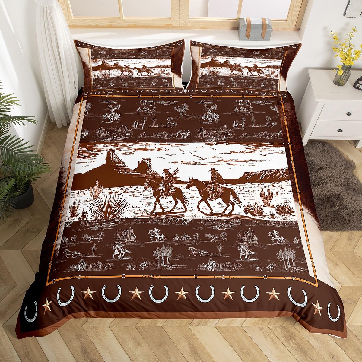 Housse de couette Ouest motif cow-boy marron lit double fille garçon