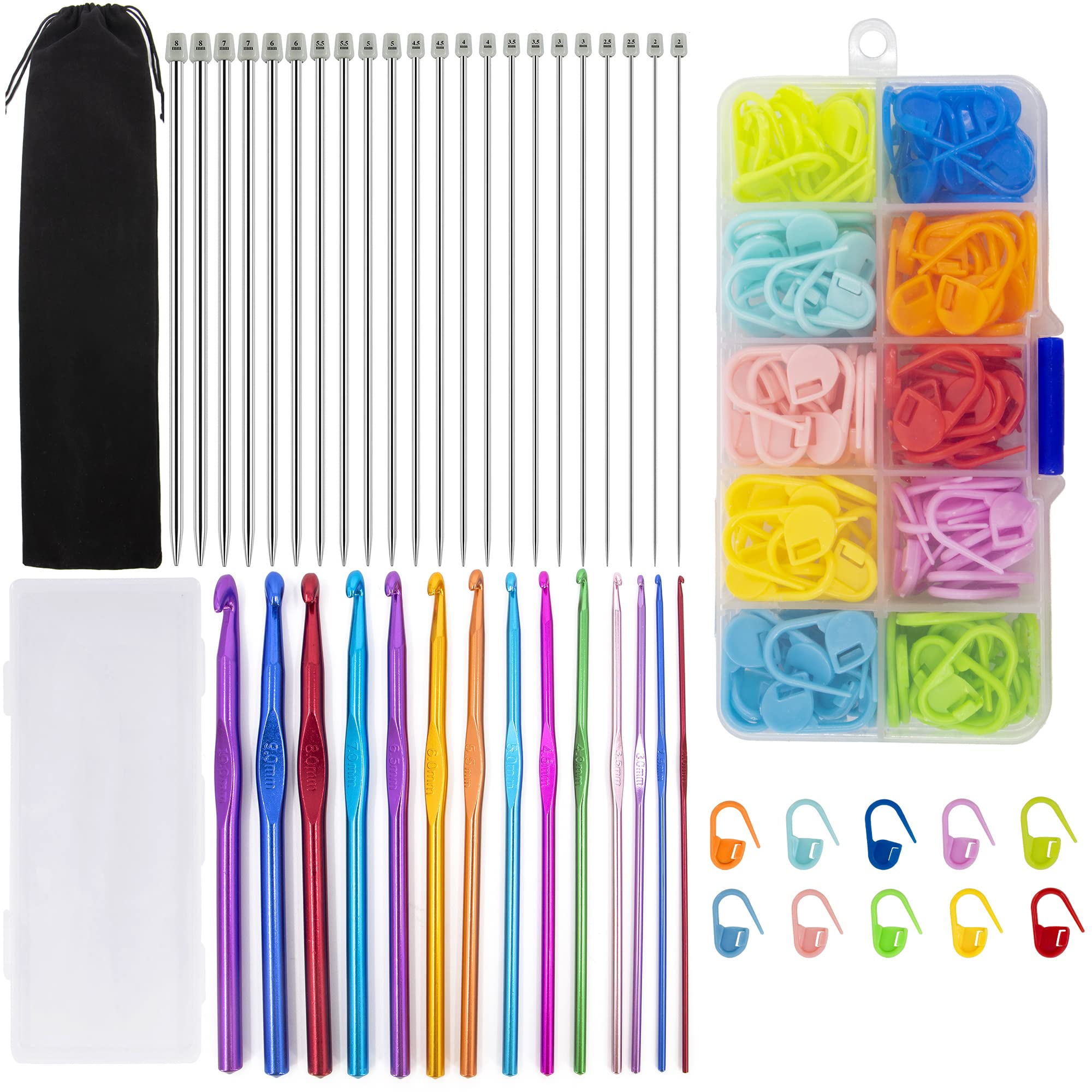 Time to Sparkle 186PCS Knitting Set Include 14PCS Crochet Hooks Set + 22PCS Straight Single Pointed Stainless Steel Sweater Needles Set + 150 PCS Knitting Stitch Markers
