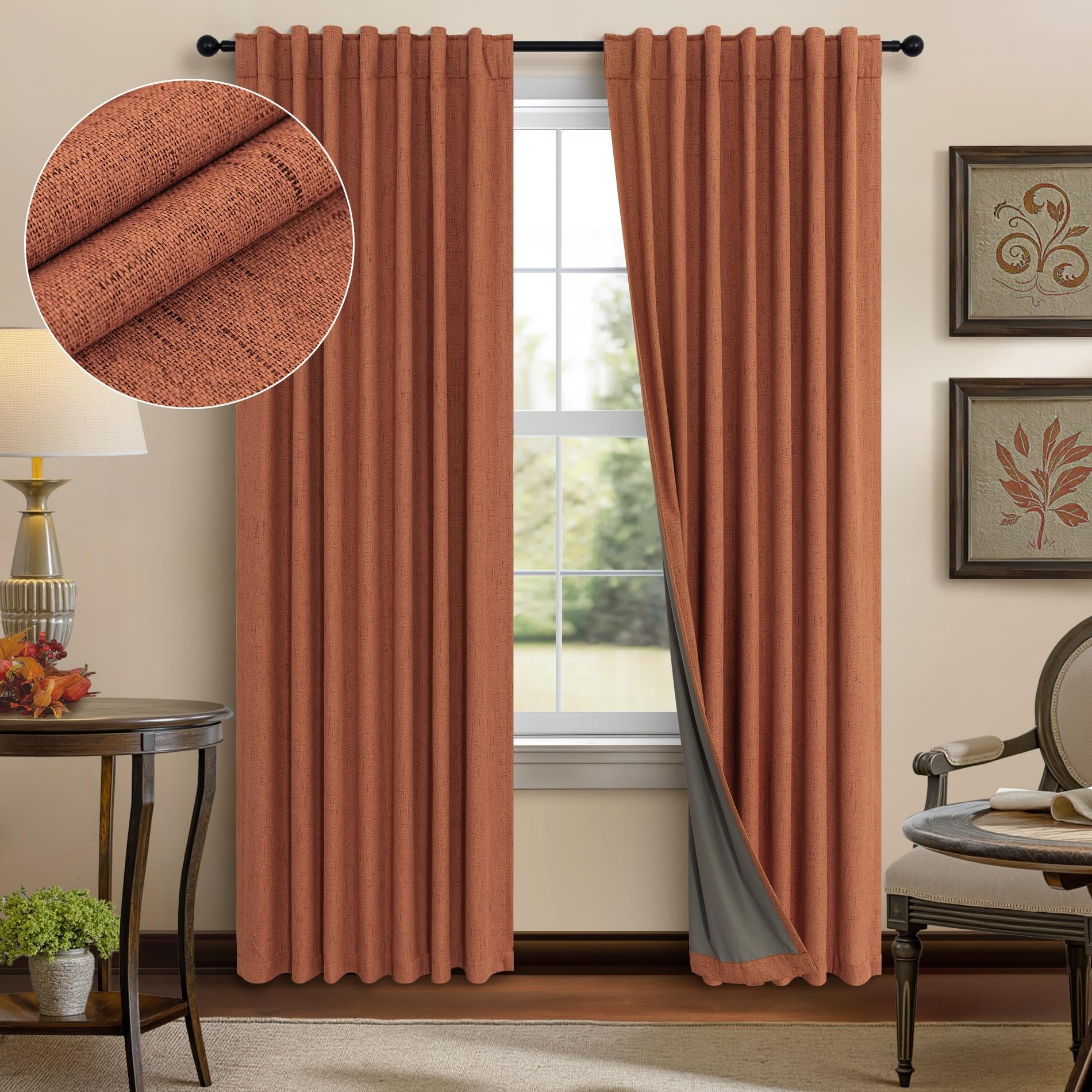 Terracotta Black Out Curtains 72 Inch Long Western Blackout Window Curtain & Drapes 72 Inch Length 2 Panel Viral Retro Vintage Linen Farmhouse for