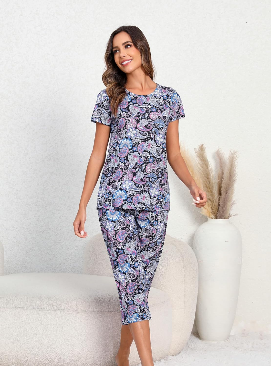 PNAEONG Women’s Pajama Set - Sleepwear Tops with Capri Pants Casual and Fun Prints Pajama Sets SY215-Purple-XL - Image 2